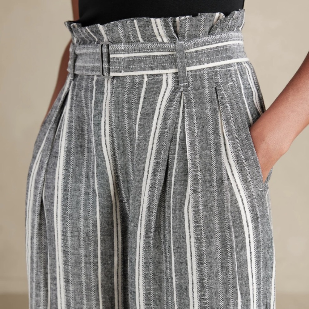 Banana Republic Linen-Blend Paperbag Pinstripe Pants - High Waisted with Belt - Picture 2 of 3